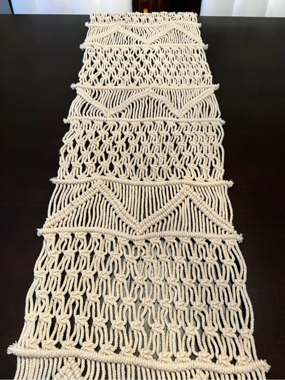 Handwoven Macramé Table Runner Boho Fringe Cotton Linen Natural Cream Rope Spain